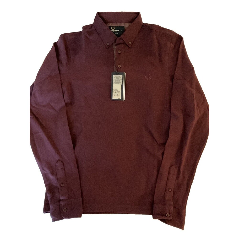 NWT Fred Perry Small Long Sleeve Polo Red Mahogany Slim Cotton